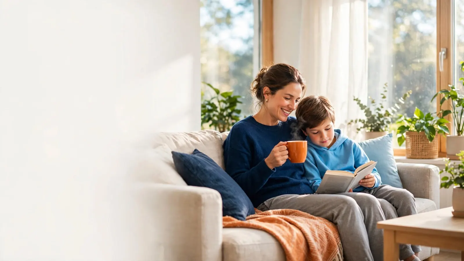 Family relaxing comfortably in a cool, bright living room