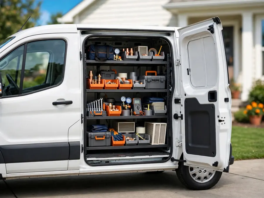 Ironwood service van parked outside a home with tools ready