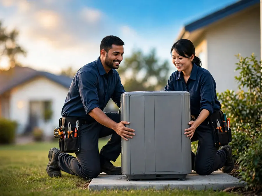 Two technicians setting a new outdoor aircon unit onto a concrete pad