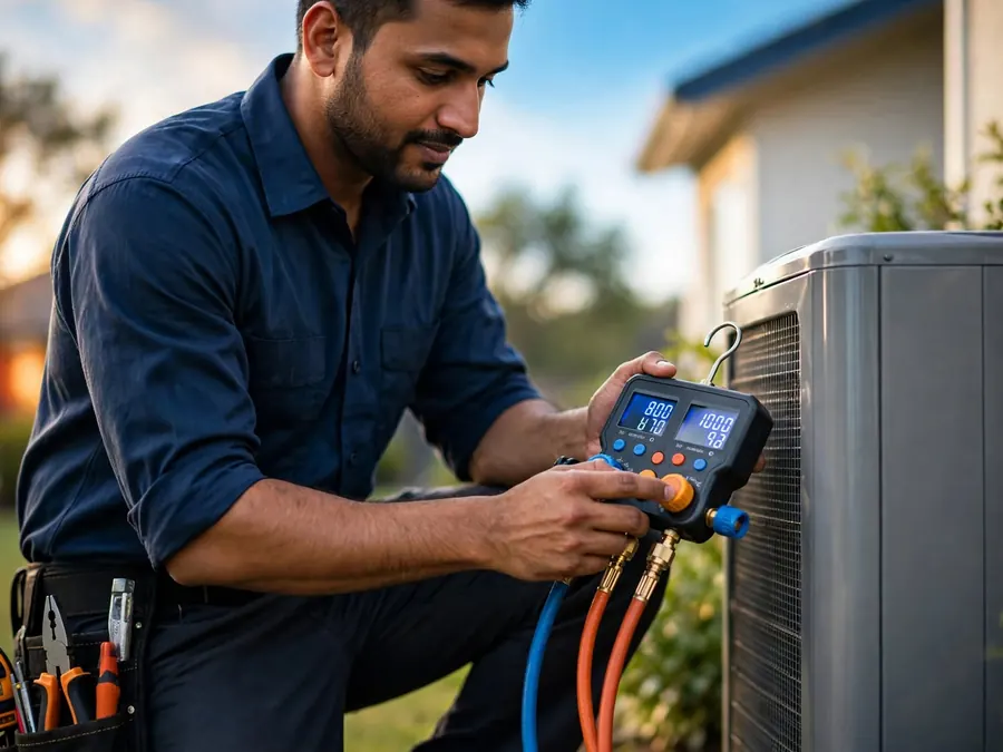 Technician reading refrigerant gauges on an outdoor aircon unit