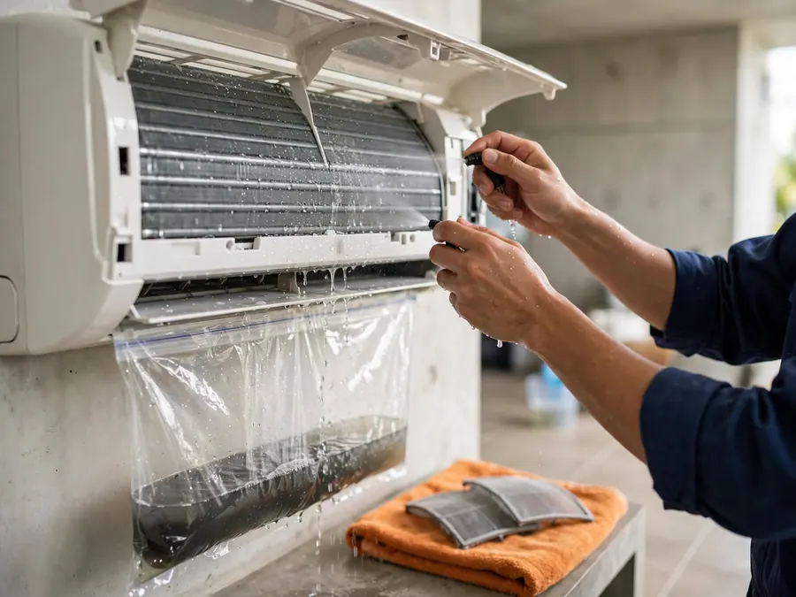 Technician rinsing the coil of a split-type aircon, with a cleaning bag catching the dirty water