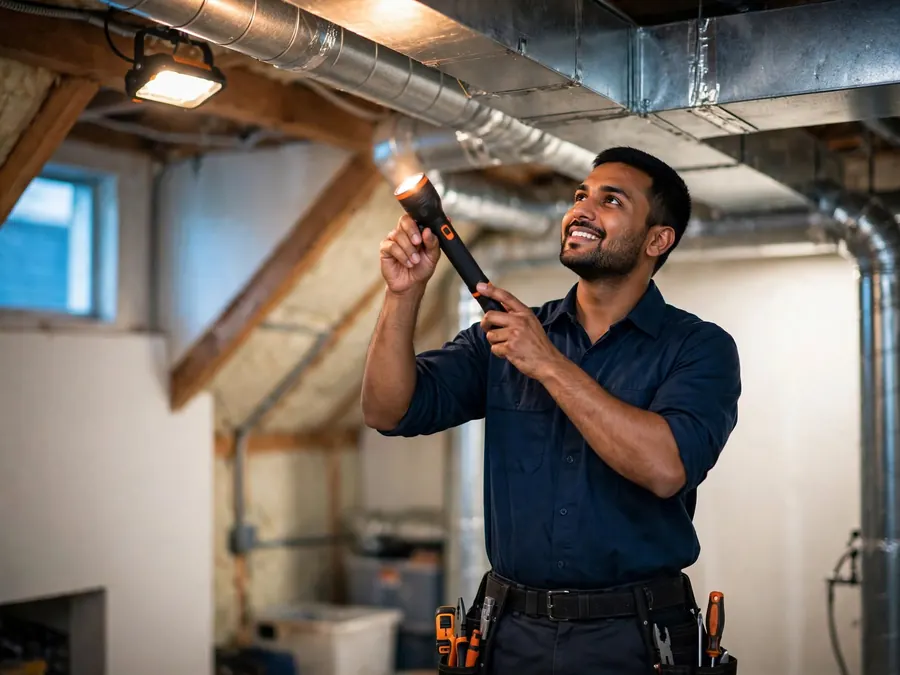 Technician inspecting metal ductwork with a flashlight