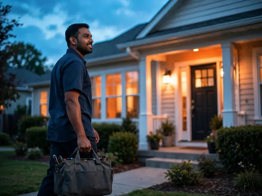Technician arriving at a home at dusk carrying a tool bag