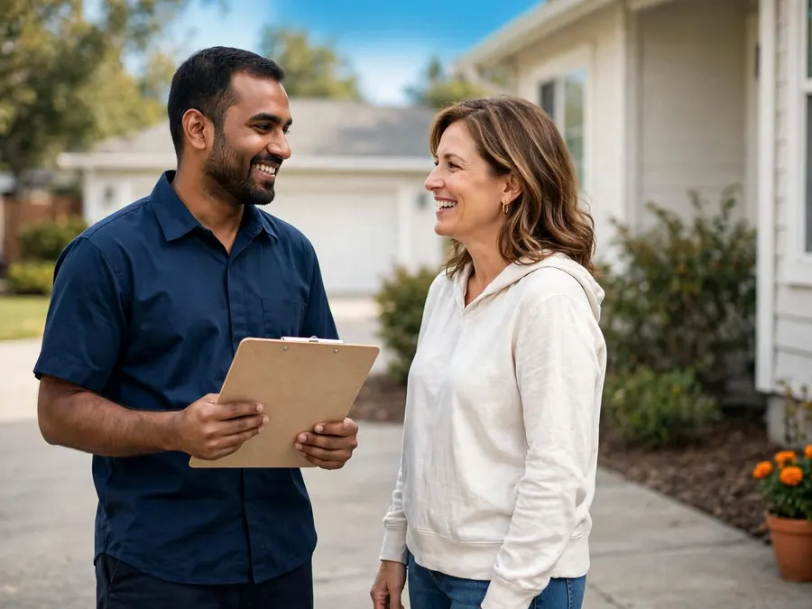 Technician with a clipboard talking with a homeowner in her driveway