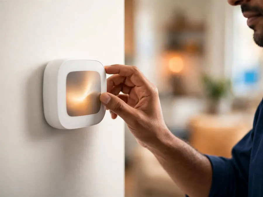 Hand adjusting a modern wall-mounted smart thermostat